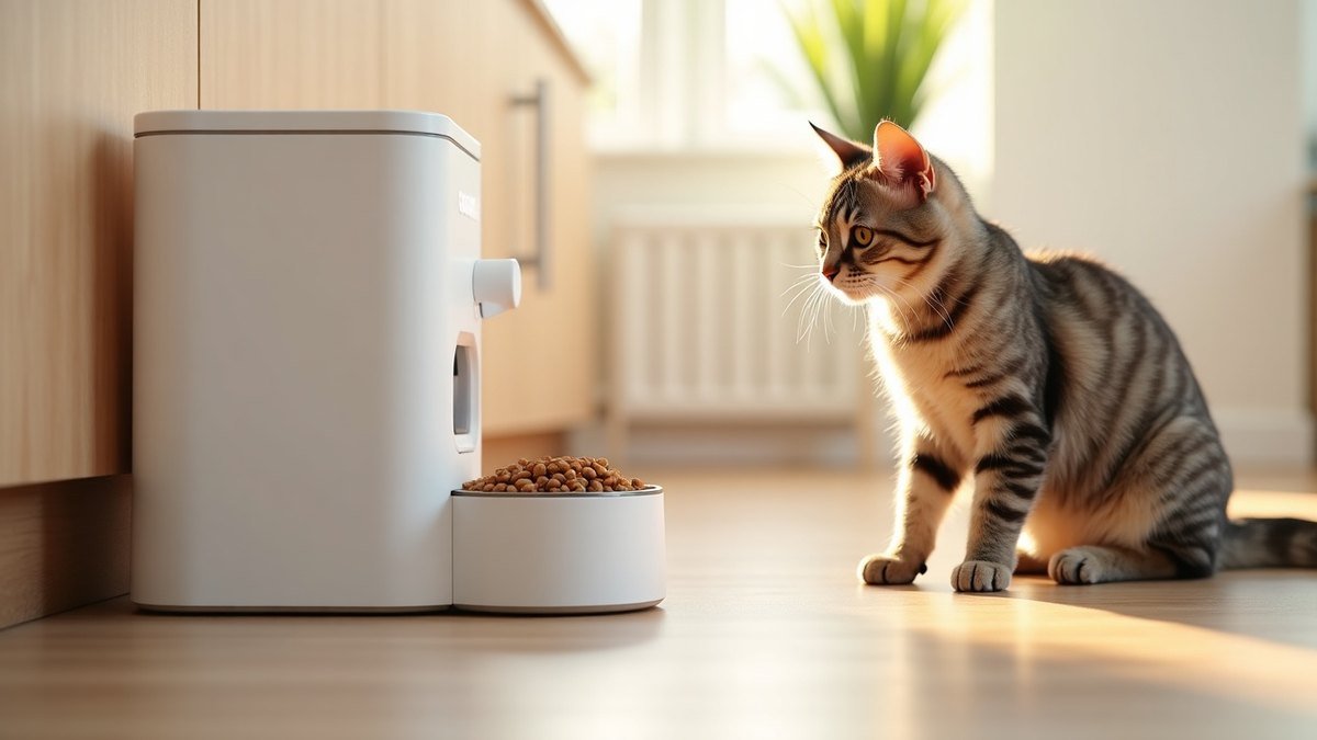 An automatic pet feeder dispensing kibble for a waiting cat in a bright kitchen