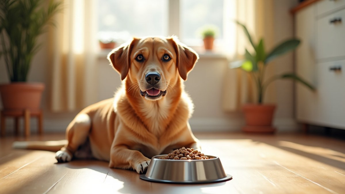 A bowl of gentle kibble next to a calm, healthy dog in a sunny kitchen