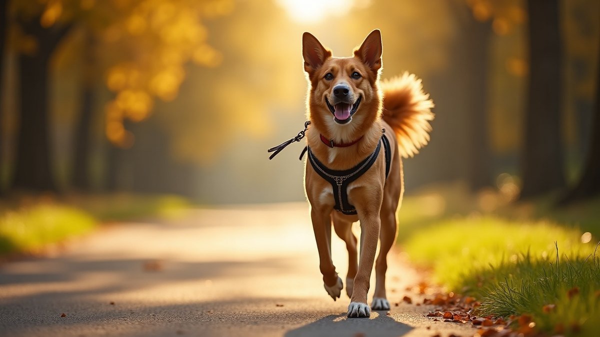 A dog walking calmly on a loose leash wearing a no-pull harness on a sunny path