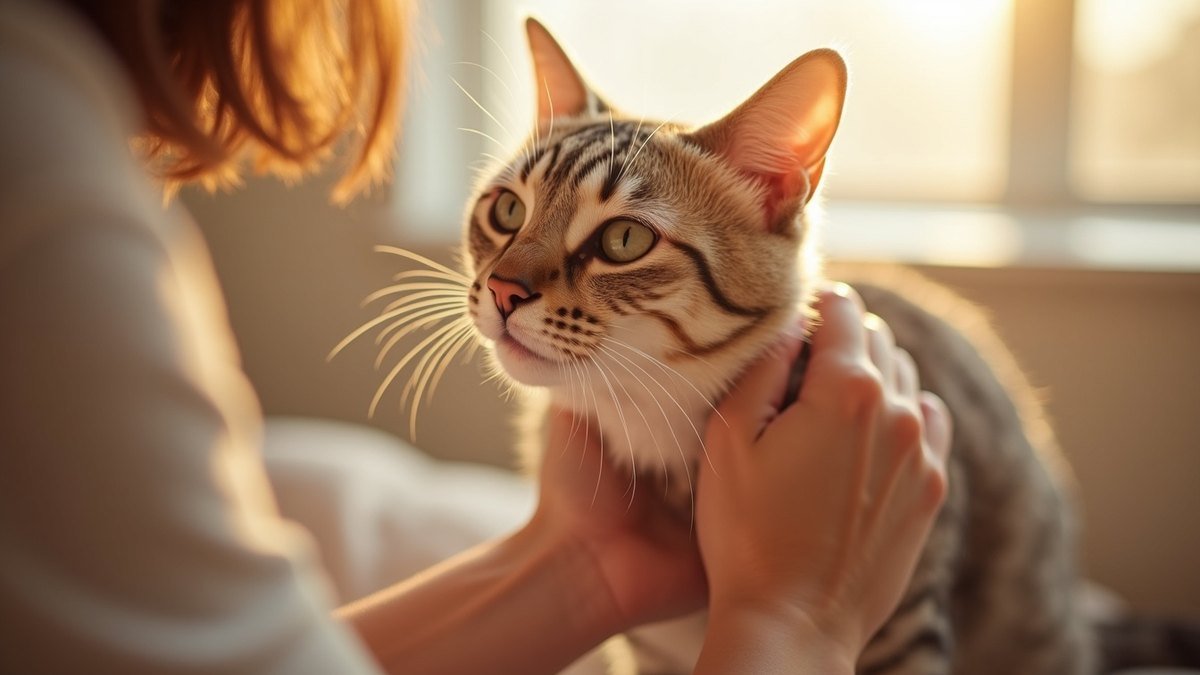 A calm cat being gently parted at the neck to apply a topical flea treatment in a sunny room